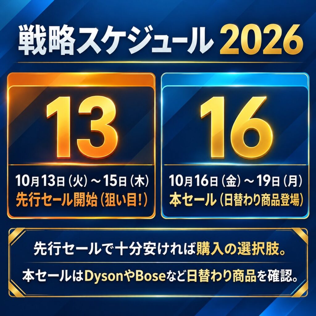 Amazonプライム感謝祭2026の先行セール10月13〜15日と本セール10月16〜19日の戦略スケジュールを示した図