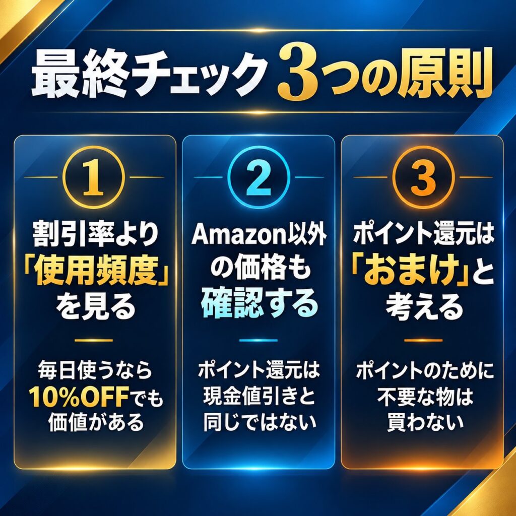 Amazonセールの最終チェックとして、使用頻度、Amazon以外の価格、ポイント還元の3原則をカード形式で整理した図