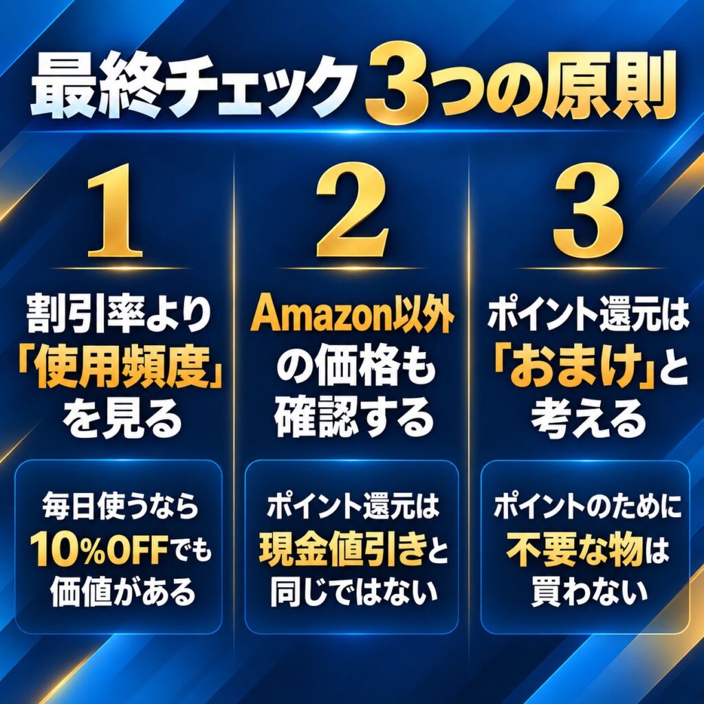 Amazonセールで確認する使用頻度、Amazon以外の価格、ポイント還元の3原則を縦3列で整理した比較図
