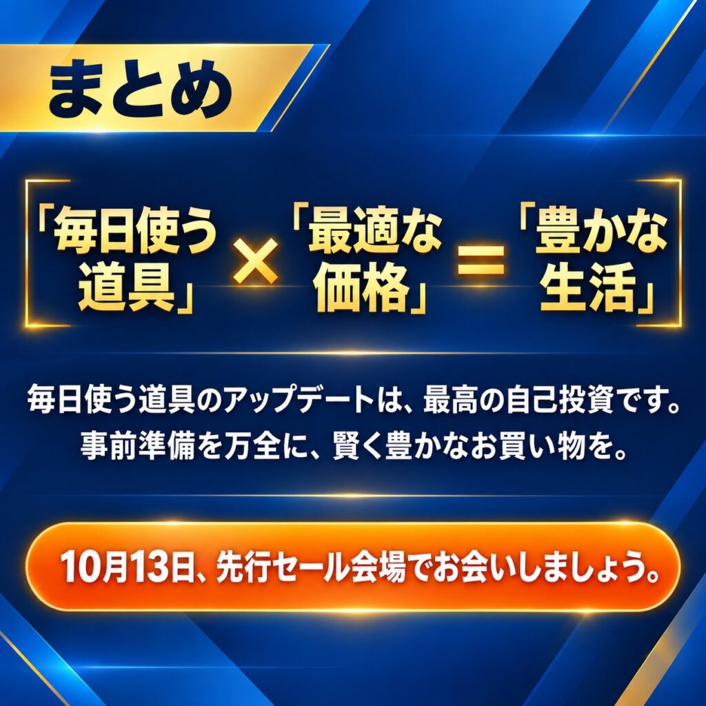 毎日使う道具と最適な価格を掛け合わせて豊かな生活につなげる考え方と、10月13日の先行セールを案内するまとめ図