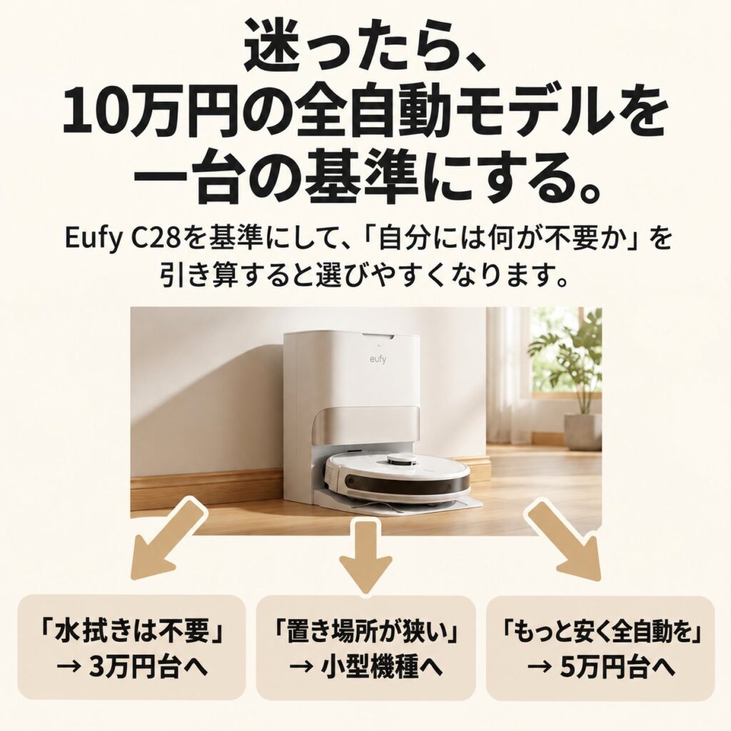 Eufy C28を10万円前後の基準機として、水拭き不要・省スペース・低価格の条件別に選び分ける方法を示す図
