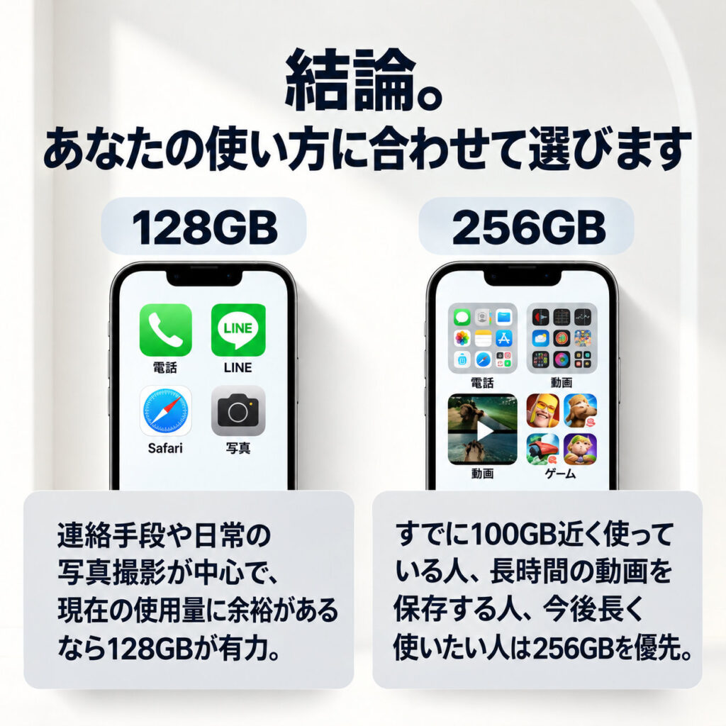 128GB側に電話・LINE・ブラウザー・写真、256GB側に動画やゲームなどのアイコンを載せた2台のiPhoneを並べ、日常の使い方と保存用途の違いを比較した図解。