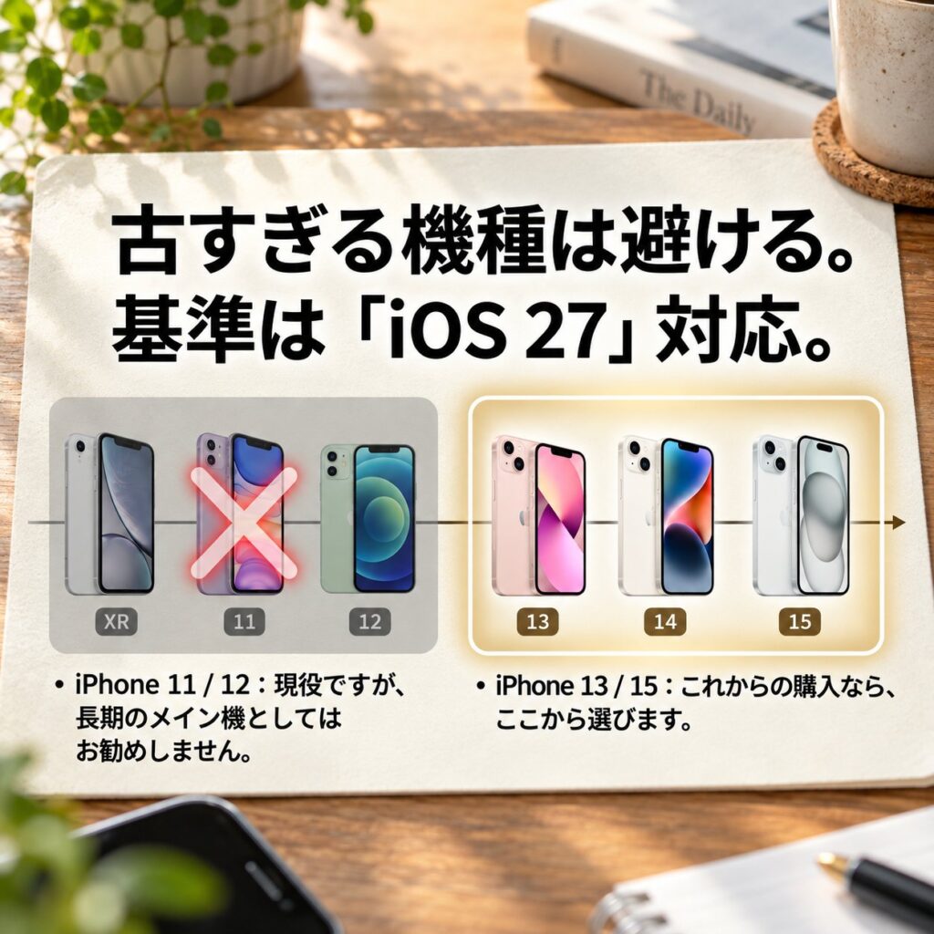 iPhone XR・11・12とiPhone 13・14・15を左右のグループに分け、古い機種への注意とiOS 27対応を基準にした中古iPhone選びを示す図解。