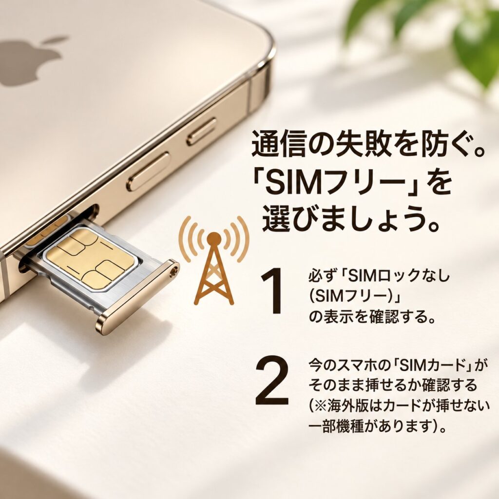 iPhone側面から引き出したSIMトレイとSIMカードの拡大写真風画像に、SIMロックなしの表示と現在のSIMカードが使えるかを確認する二つのポイントを添えた図。