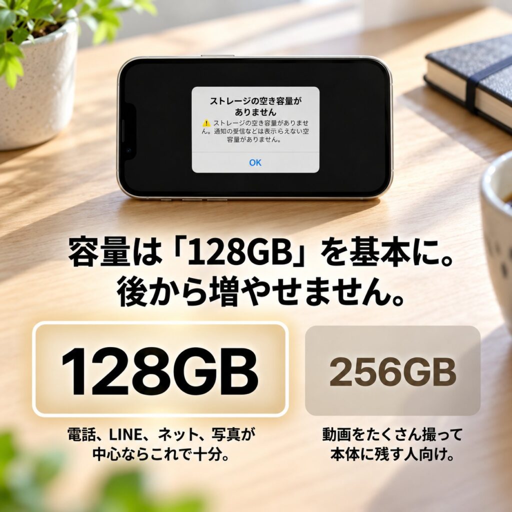 ストレージ容量不足の警告を表示したiPhoneの下に、128GBと256GBの比較枠を配置し、電話・LINE・写真中心か動画を多く保存するかによる選び方を示した画像。