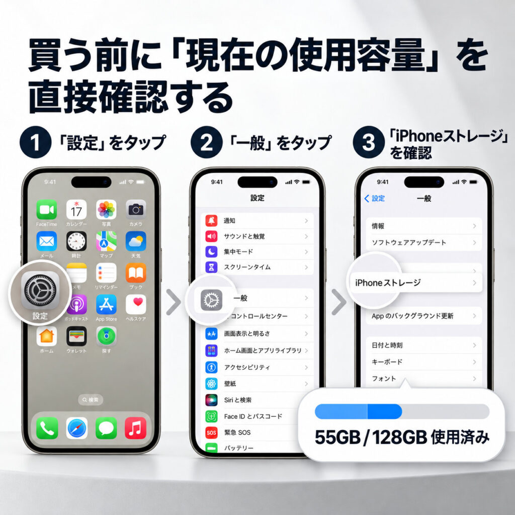 iPhoneのホーム画面、「設定」の一般メニュー、「iPhoneストレージ」の表示を模した3台のスマートフォンを横に並べ、容量の確認方法を順番に案内する操作説明図。