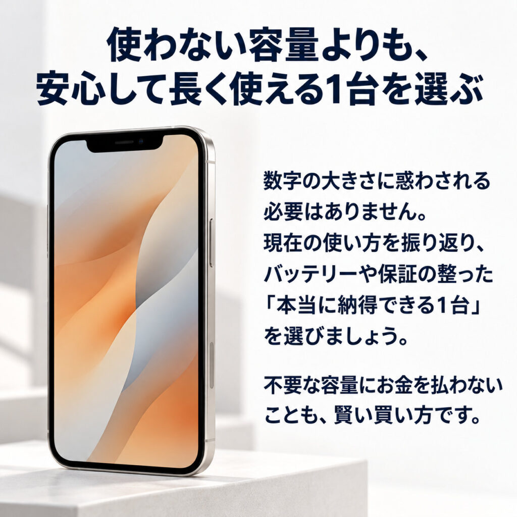 淡い背景に立てたiPhoneのイメージ写真と、数字だけで決めず、現在の使い方・バッテリー状態・保証内容を見て納得できる1台を選ぶという記事のまとめを表示した画像。