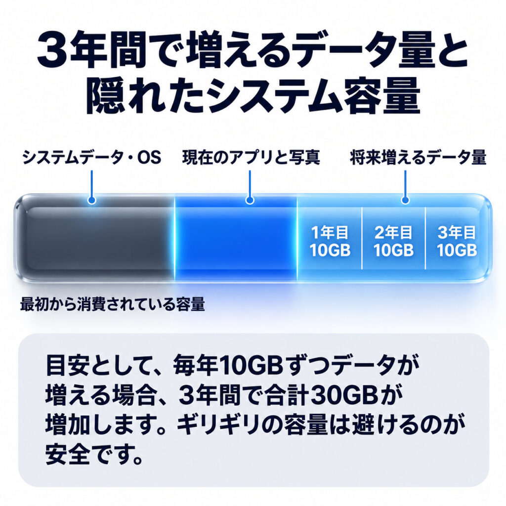 システムデータと現在のアプリ・写真、将来増えるデータ量を1本の横長ストレージ図で示し、毎年10GBずつ増えると3年間で30GB増えるという仮の計算例を説明する図。