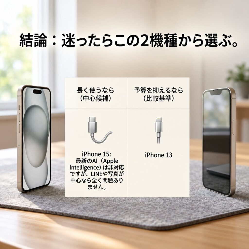 室内のテーブルに置いた2台のiPhoneの間に、長く使う候補のiPhone 15と予算重視のiPhone 13を、USB-CとLightning端子のイラスト付きで比較した表。
