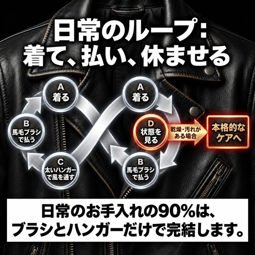 黒い革ジャンを背景に、着用・馬毛ブラシ・太いハンガー・状態確認を循環させる日常ケアの流れを図解した画像。