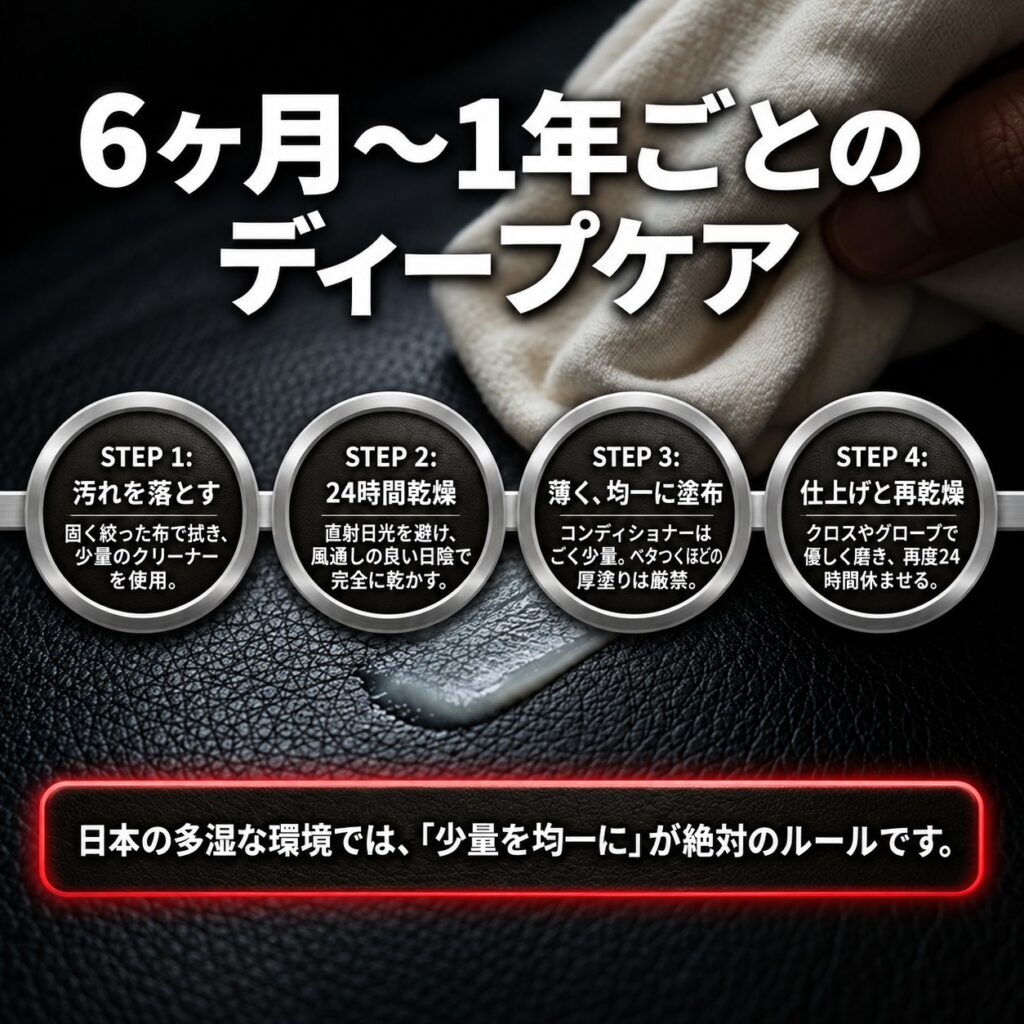 黒いルイスレザーの革面をクロスで手入れする様子と、6か月〜1年ごとのクリーナー・乾燥・保革・仕上げの4工程を示した図。