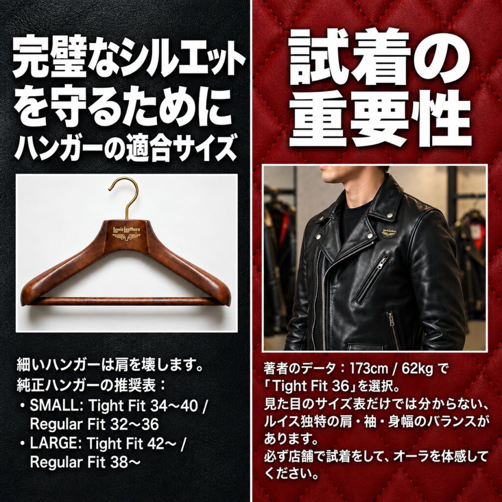 黒革と赤いキルティングを左右に分け、純正ハンガーの適合サイズとルイスレザー試着の重要性を写真付きで説明した図。