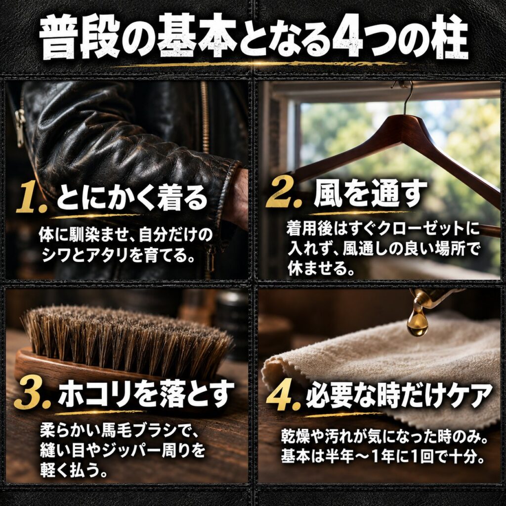 黒革の4分割レイアウトで、着る、風を通す、馬毛ブラシでホコリを落とす、必要な時だけケアするという基本4項目を示す図。