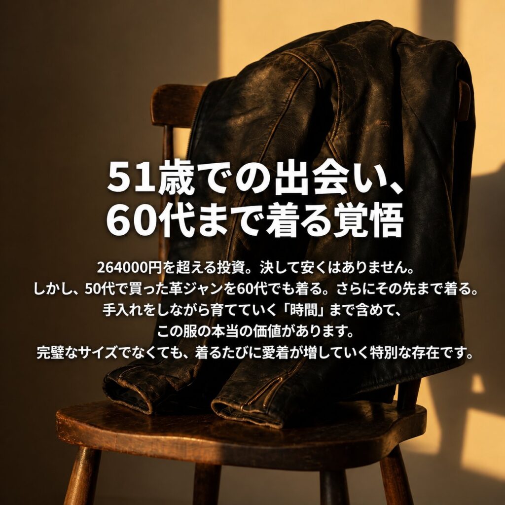 夕日のような暖色光の中、木製椅子に黒い革ジャンを掛け、51歳での出会いから60代以降も着続ける思いを示した画像。