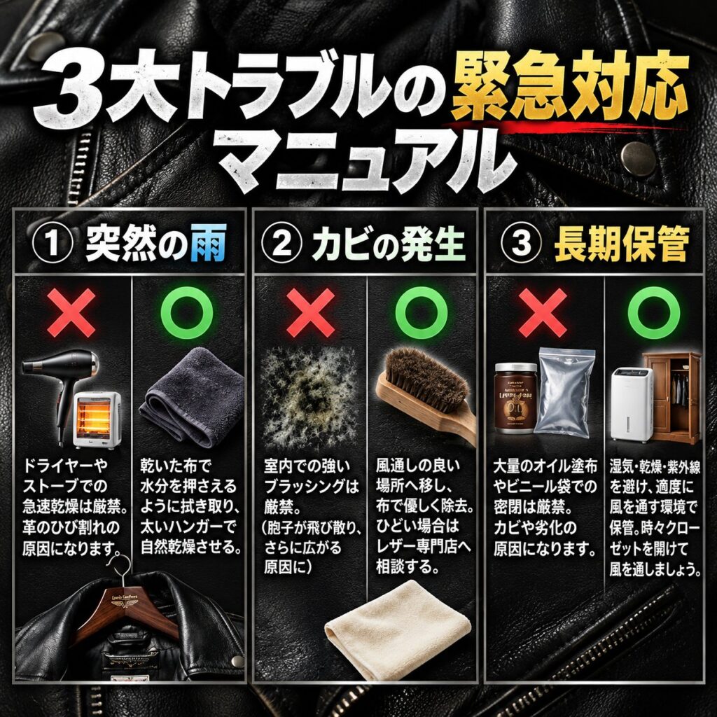 黒い革ジャンを背景に、突然の雨、カビ発生、長期保管の3トラブルについて、避ける行動と推奨対応を並べた緊急対応図。