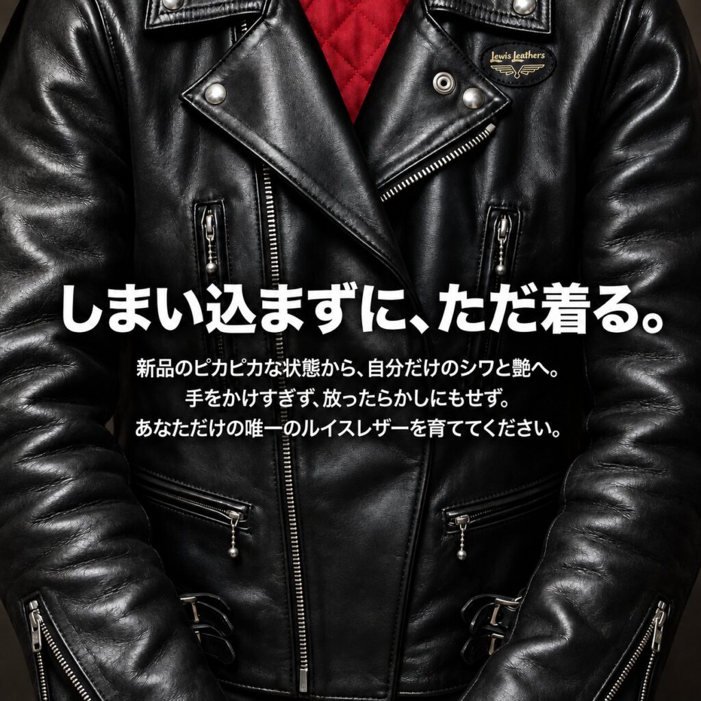 黒いルイスレザーの胸元と赤い裏地を背景に、「しまい込まずに、ただ着る」と革を育てる考え方を伝えるまとめ画像。