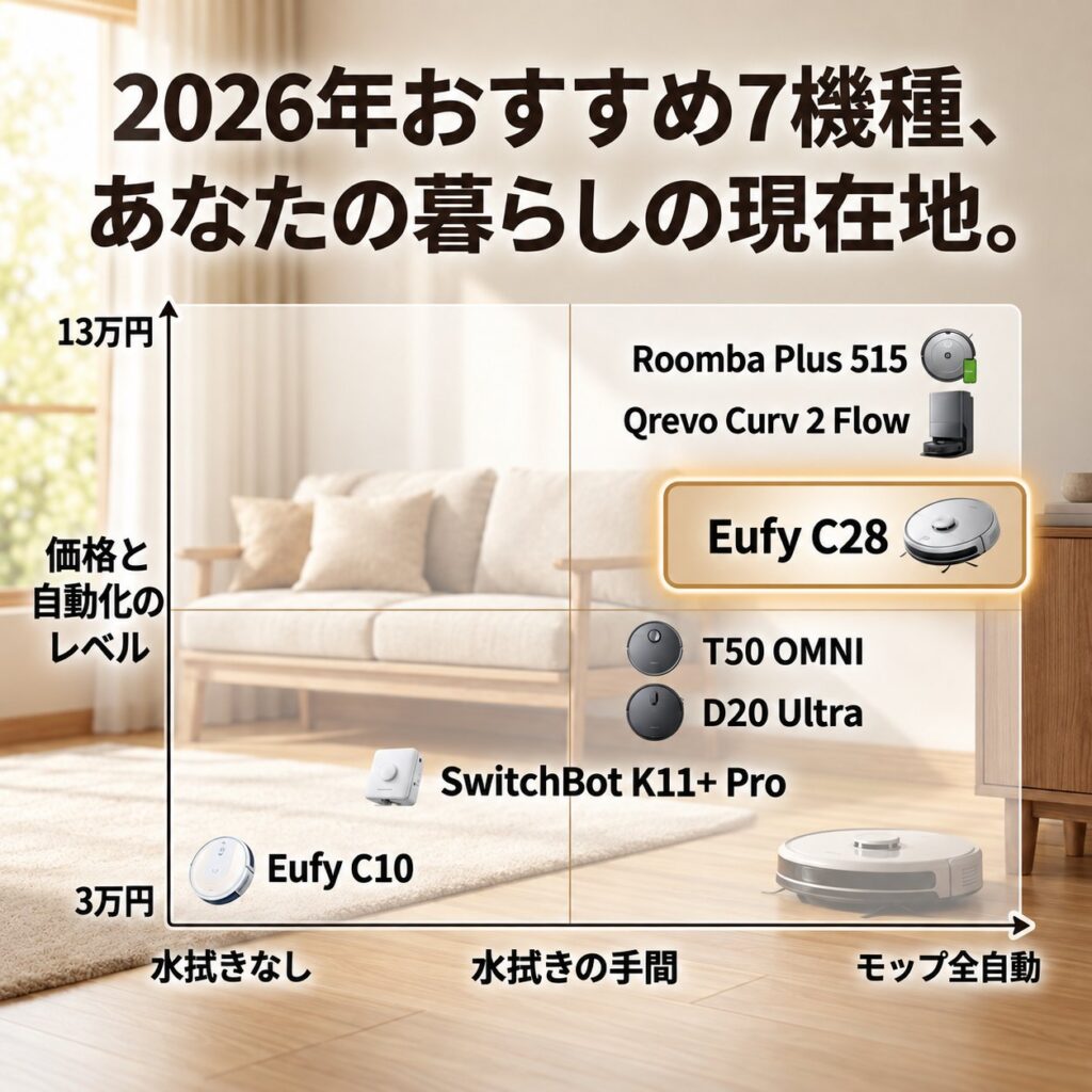 2026年のおすすめロボット掃除機7機種を、価格と水拭き・自動化レベルの軸で配置して比較したマップ
