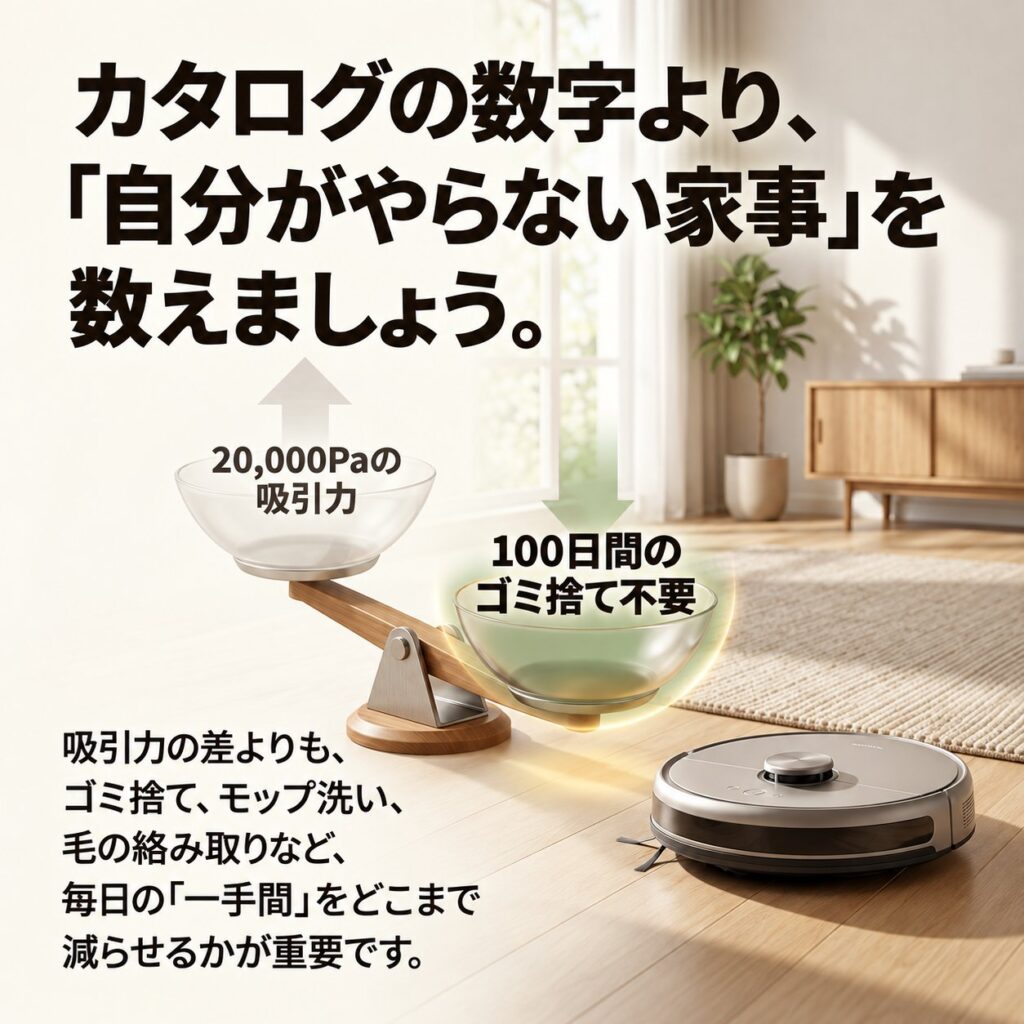 天秤で20,000Paの吸引力と100日間のゴミ捨て不要を比較し、家事削減を優先する考え方を示す図