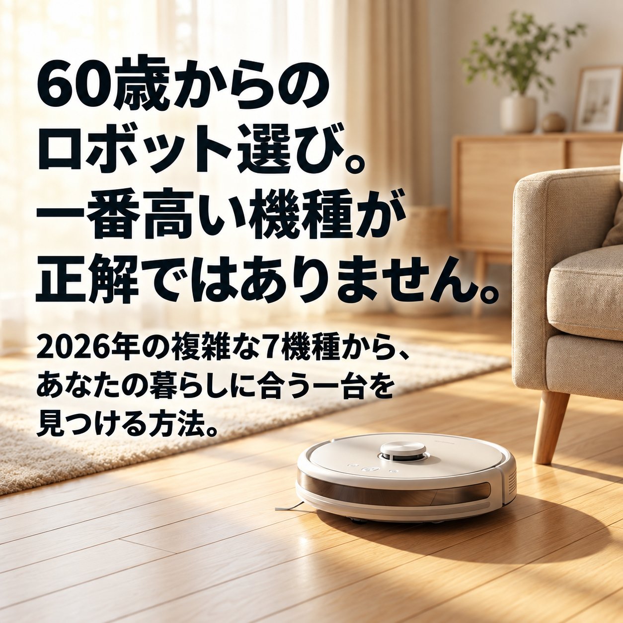 明るいリビングのロボット掃除機と、「60歳からのロボット選び。一番高い機種が正解ではありません」と示す導入画像