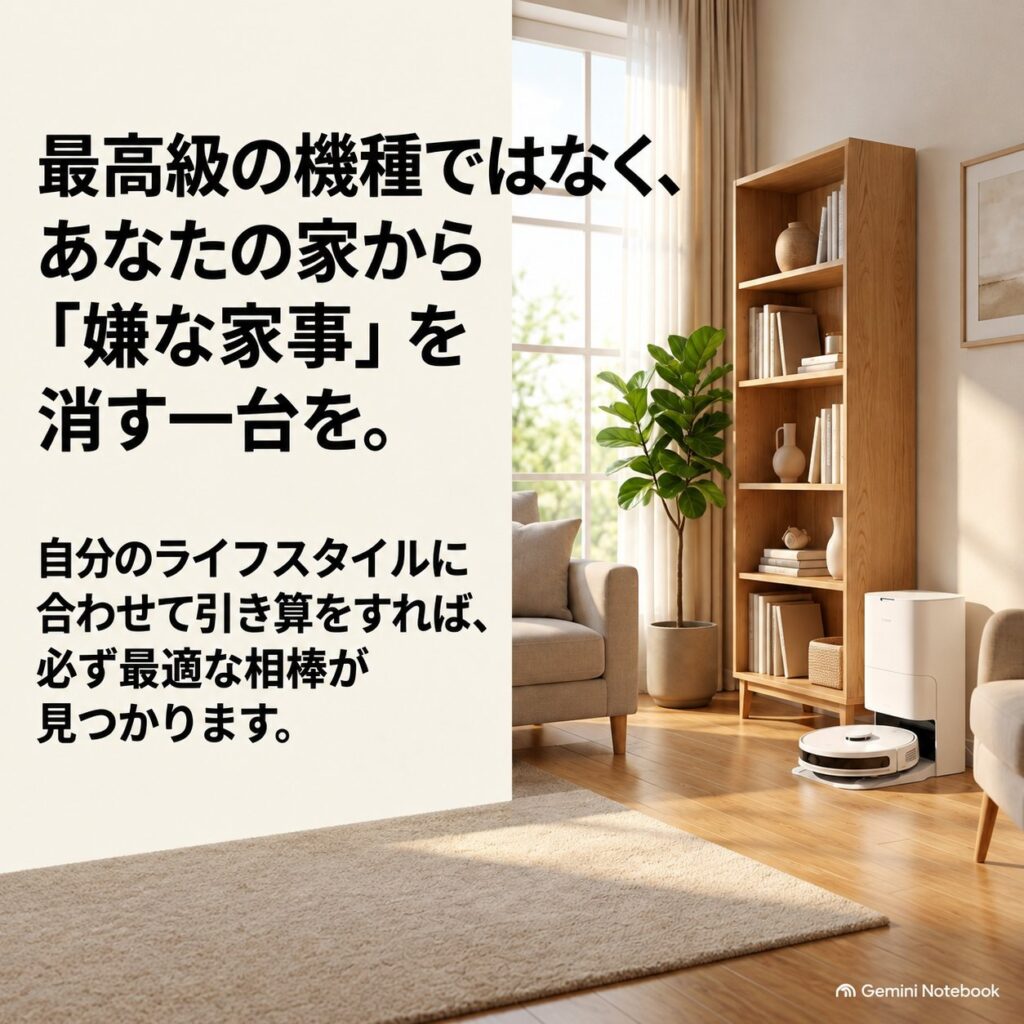 明るいリビングのロボット掃除機と、「最高級ではなく嫌な家事を消す一台を」と結論を示すまとめ画像