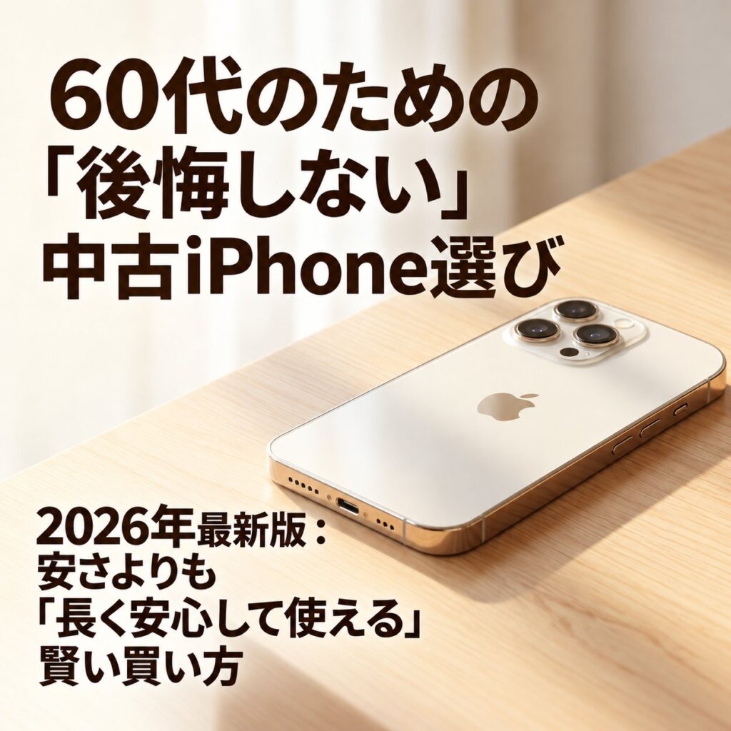 木目のテーブルに置かれた白いiPhoneと、「60代のための後悔しない中古iPhone選び」「長く安心して使える賢い買い方」という見出しを配置した表紙画像。