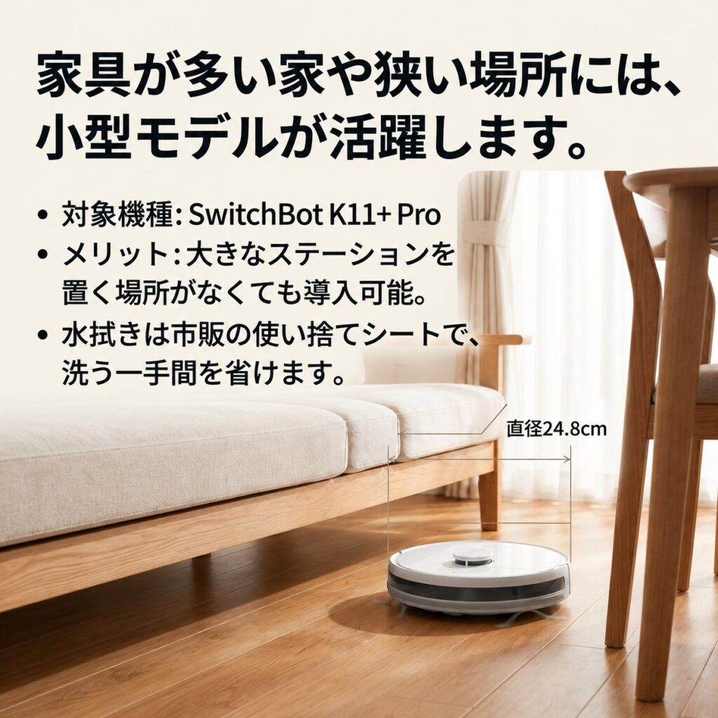 直径24.8cmのSwitchBot K11+ Proが家具の間を走行し、省スペース設置と使い捨てシート対応を説明する画像