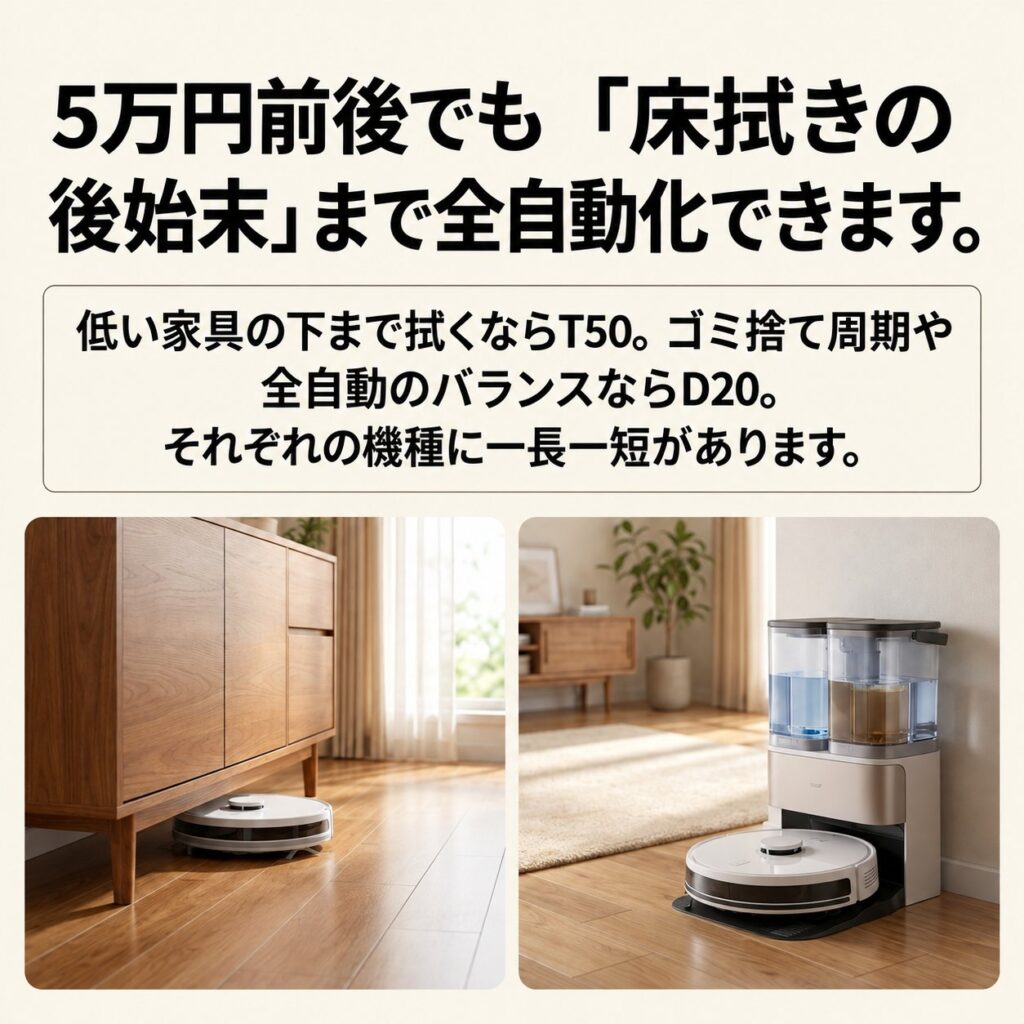 5万円前後の全自動候補としてDEEBOT T50 OMNIとDreame D20 Ultraの特徴を比較する画像