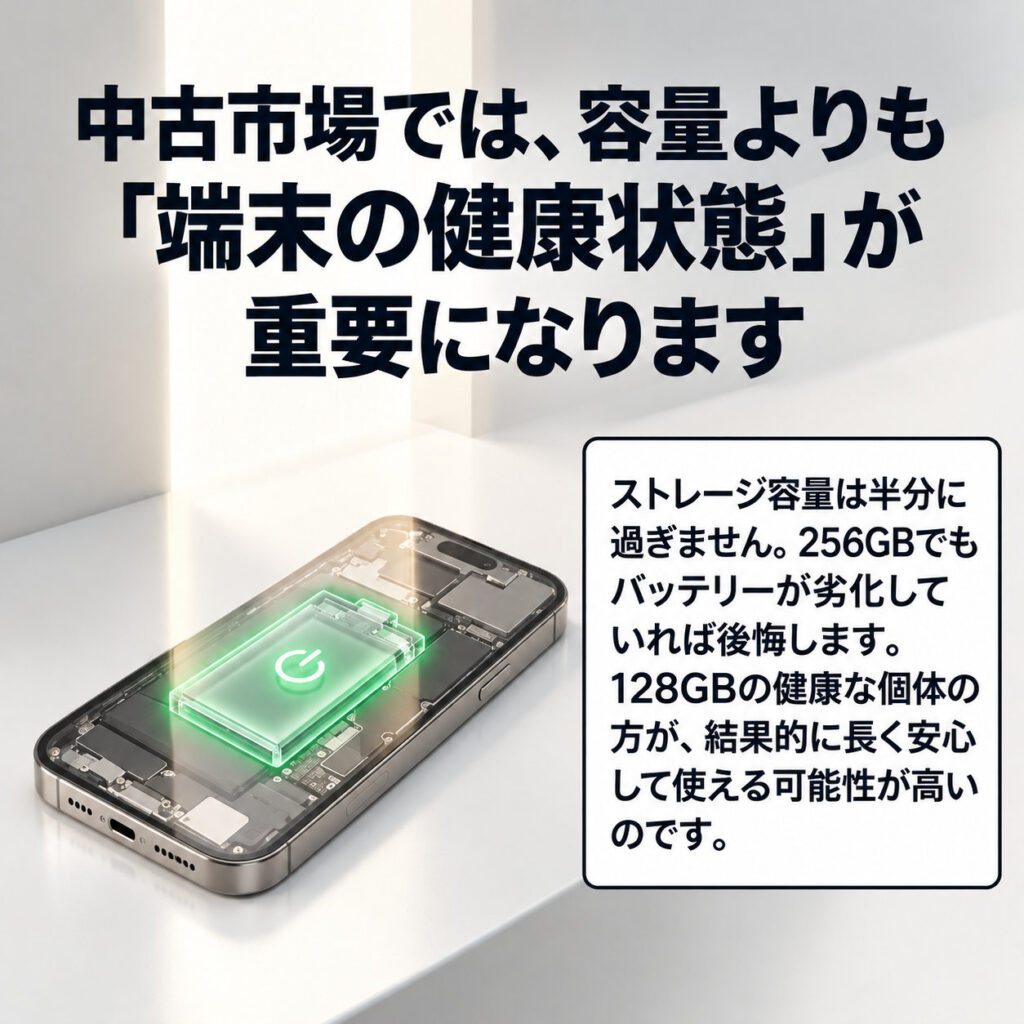 スマートフォンの内部に発光するバッテリーを透視イメージで描き、256GBでも電池が劣化していれば128GBの状態が良い端末を選ぶ余地があると説明した注意喚起画像。