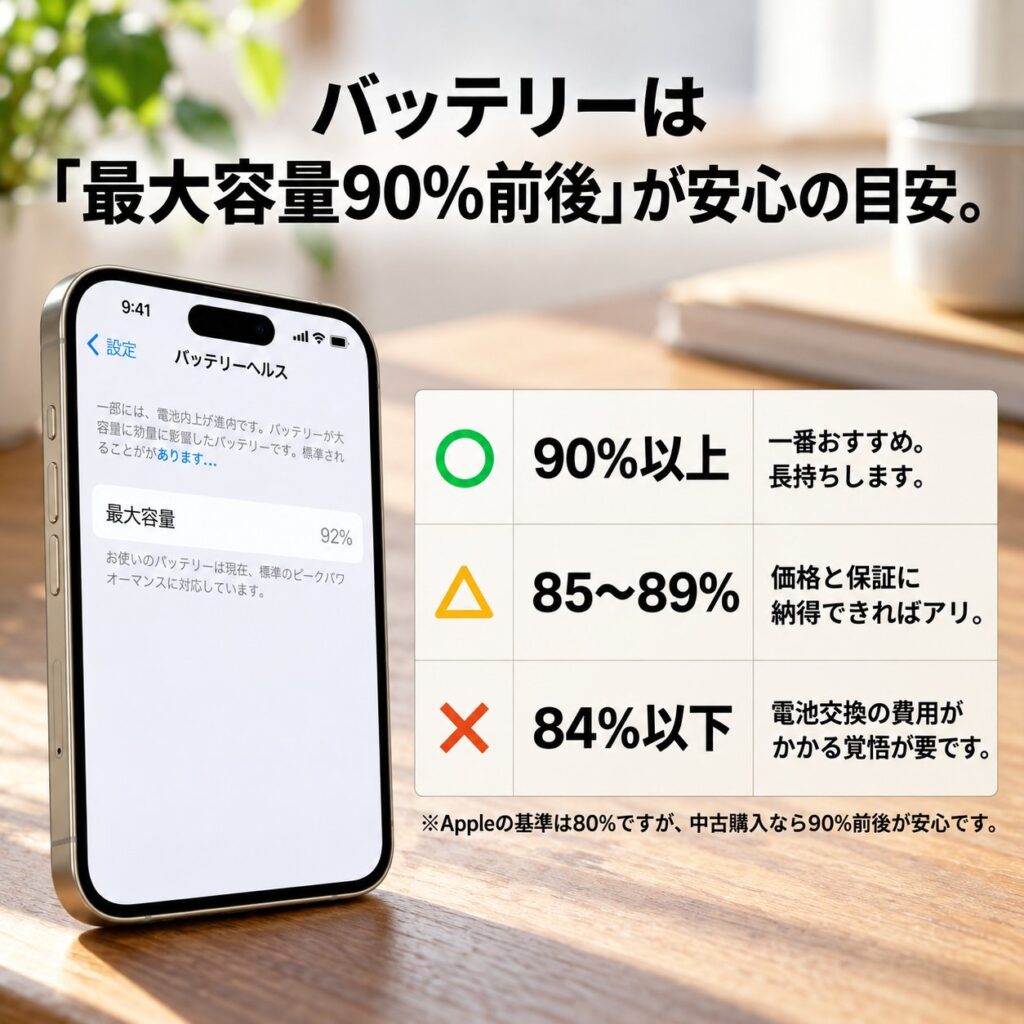 バッテリー最大容量92%を示すiPhoneの設定画面風イラストと、90%以上・85〜89%・84%以下に分けた中古端末購入時の判断目安表。