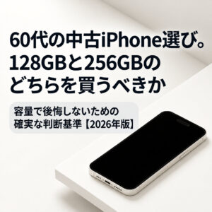 白い台座に置かれたiPhoneのイメージ写真と、「60代の中古iPhone選び。128GBと256GBのどちらを買うべきか」という大きな見出しを組み合わせた記事の表紙画像。