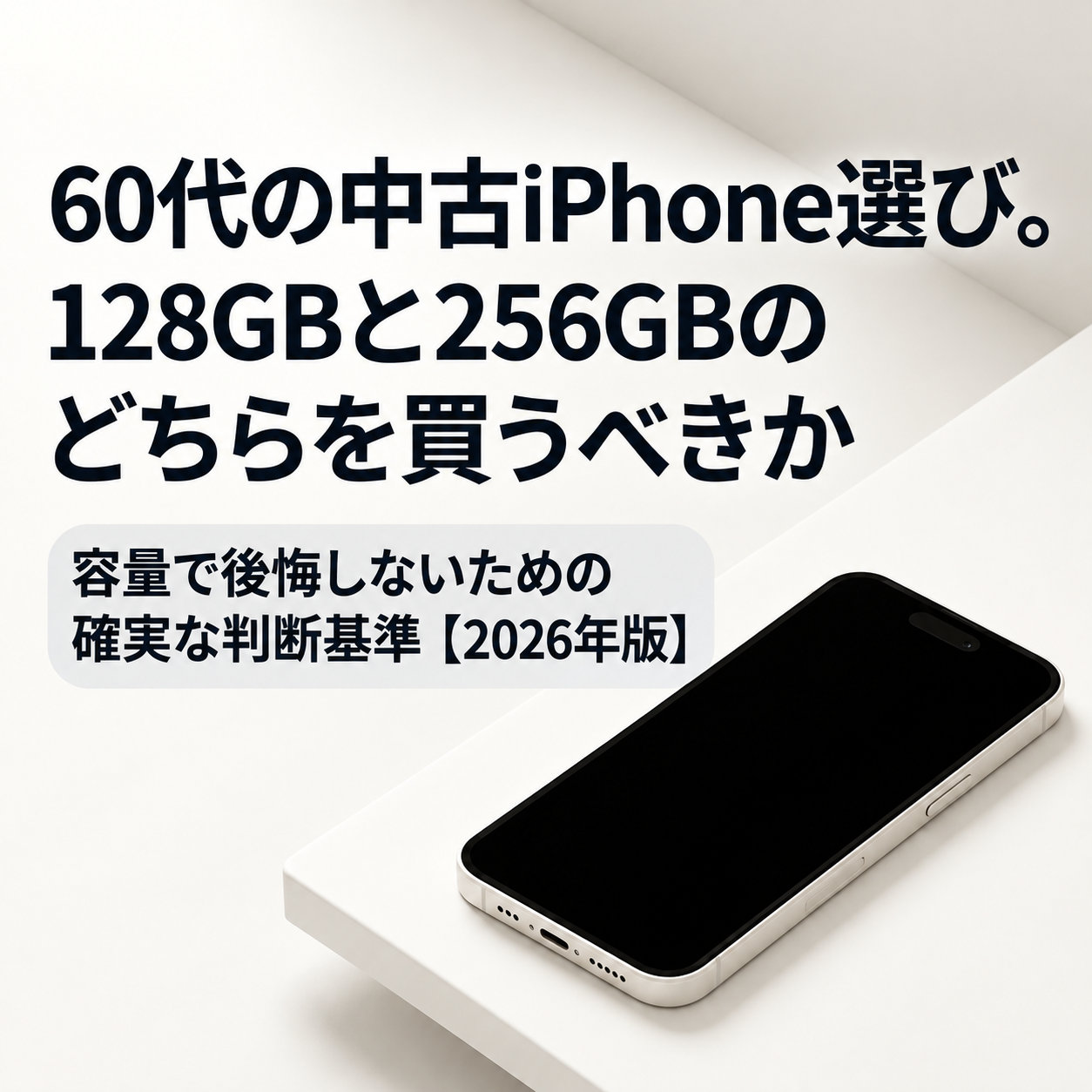 白い台座に置かれたiPhoneのイメージ写真と、「60代の中古iPhone選び。128GBと256GBのどちらを買うべきか」という大きな見出しを組み合わせた記事の表紙画像。