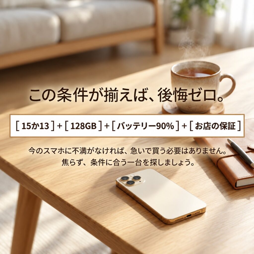 窓からの自然光が当たる木製テーブルとiPhone、湯気の立つカップを背景に、iPhone 13か15・128GB・バッテリー90%・販売店保証の条件をまとめた画像。