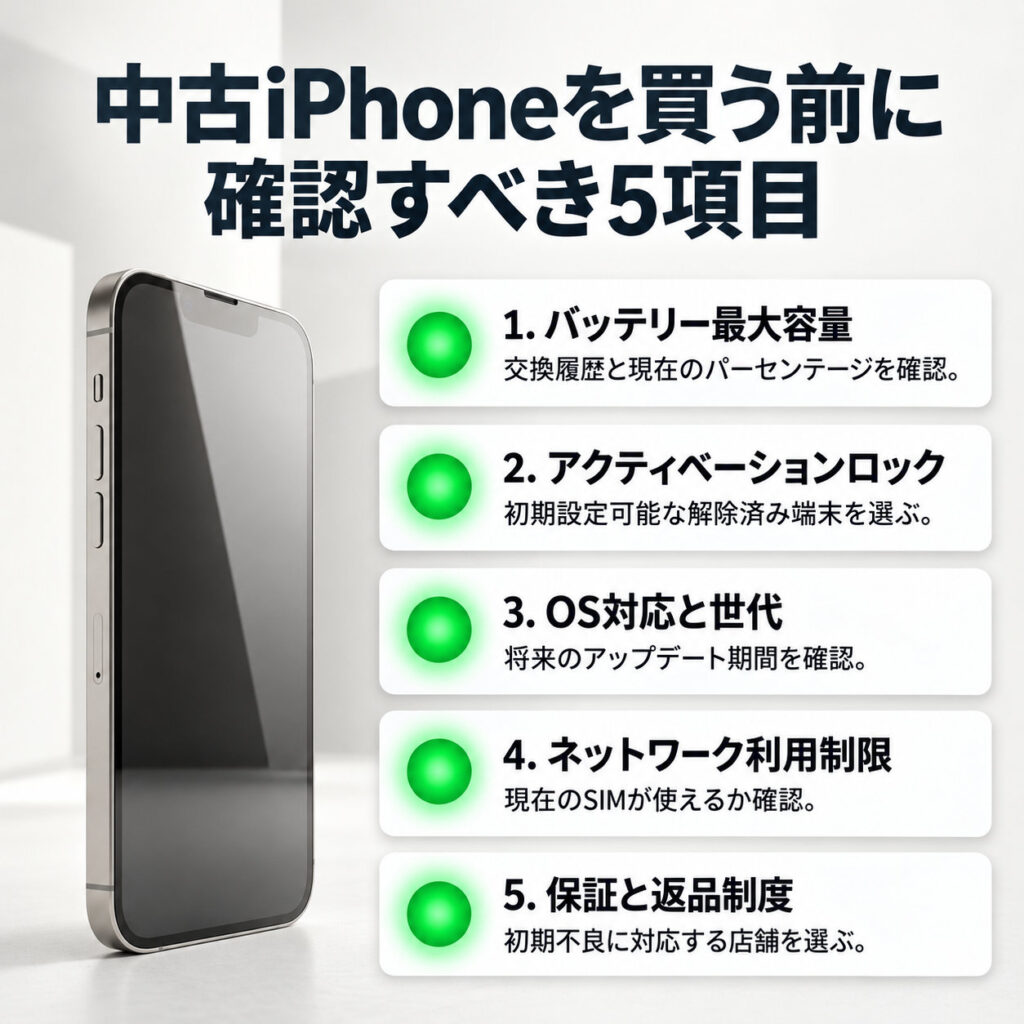 iPhoneのイメージの隣に、バッテリー最大容量、アクティベーションロック、OS対応と世代、ネットワーク利用制限、保証と返品制度を並べた5項目のチェックリスト画像。