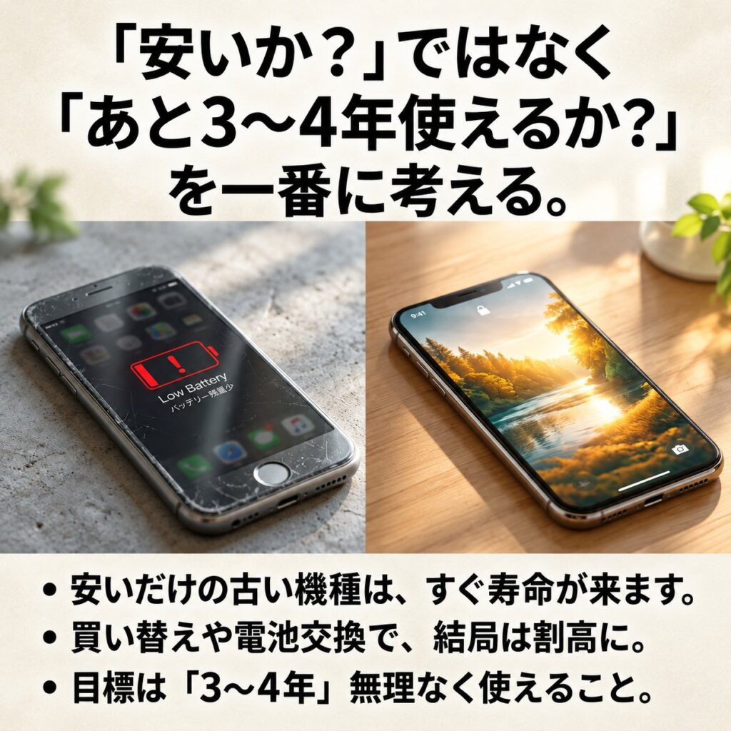 電池切れを示す傷のある古いiPhoneと、明るい画面の新しいiPhoneを左右に並べ、安さだけでなく今後3〜4年使えるかを考える重要性を記した比較画像。