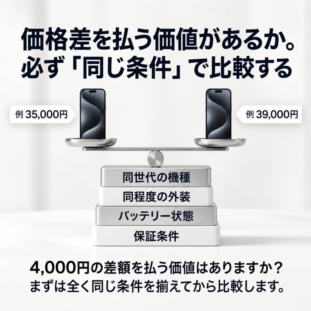 天秤の左右に同型のiPhoneを置き、仮の価格35,000円と39,000円を表示。比較する条件として機種の世代、外装、バッテリー状態、保証を示した価格比較の概念図。