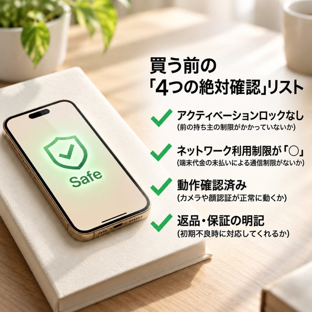本の上に置かれたiPhoneの安全確認イラストと、アクティベーションロック・ネットワーク利用制限・動作確認・返品保証の四項目を緑色のチェック付きで示した画像。