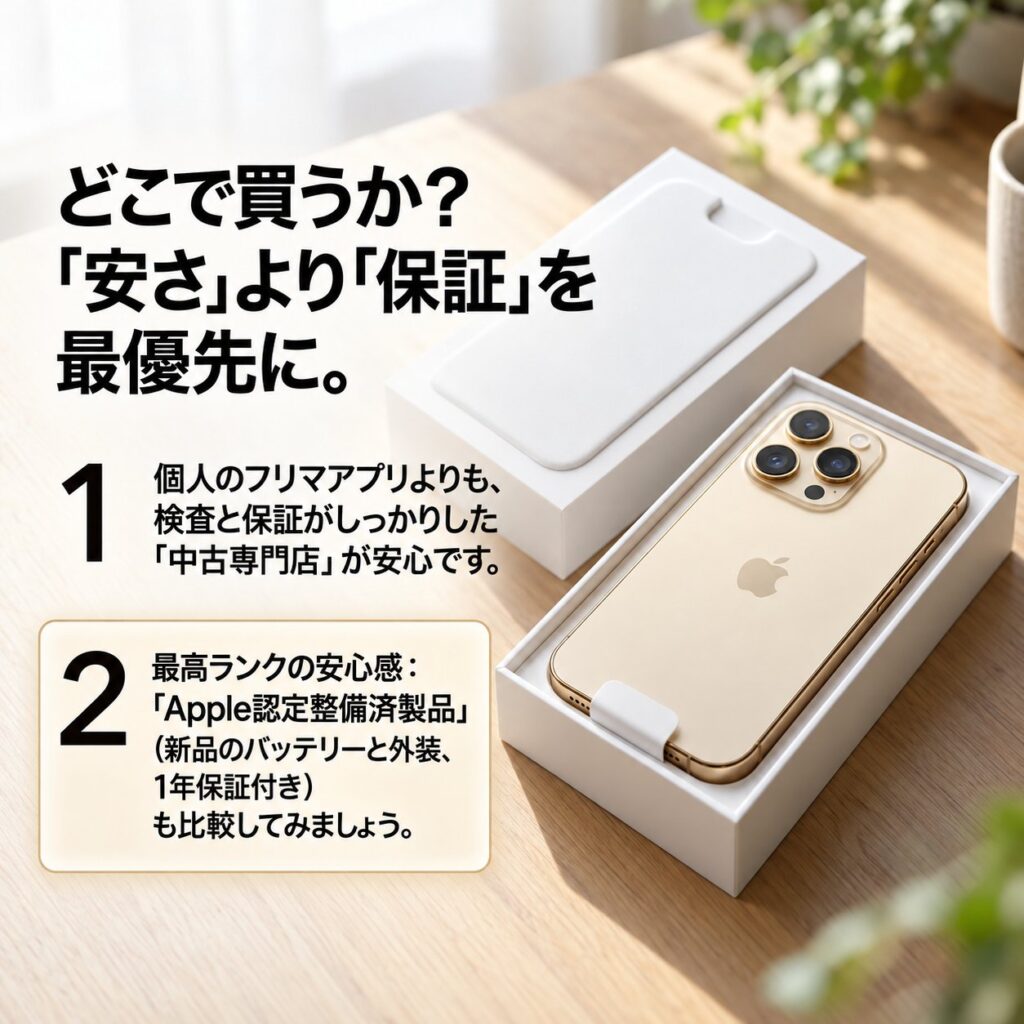 木目テーブルの白い箱に入ったiPhoneと、価格の安さよりも中古専門店の検査・保証やApple認定整備済製品を比較する二つの購入先選びのポイントを記した画像。
